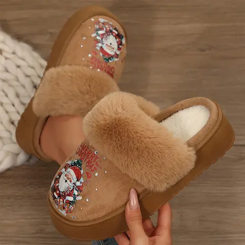 Adorable Women's Christmas Slippers with Sparkling Santa Print Winter Warm Mini Snow Boots House Indoor Outdoor Shoes