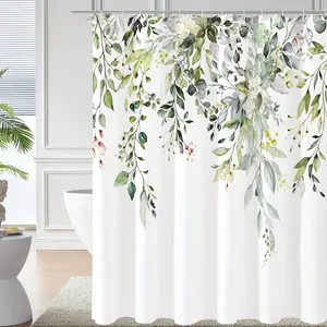 1pc Eucalyptus Shower Curtain, Watercolor Plant Leaves Floral Bathroom Decor, Fabric Shower Curtain Set with Hooks