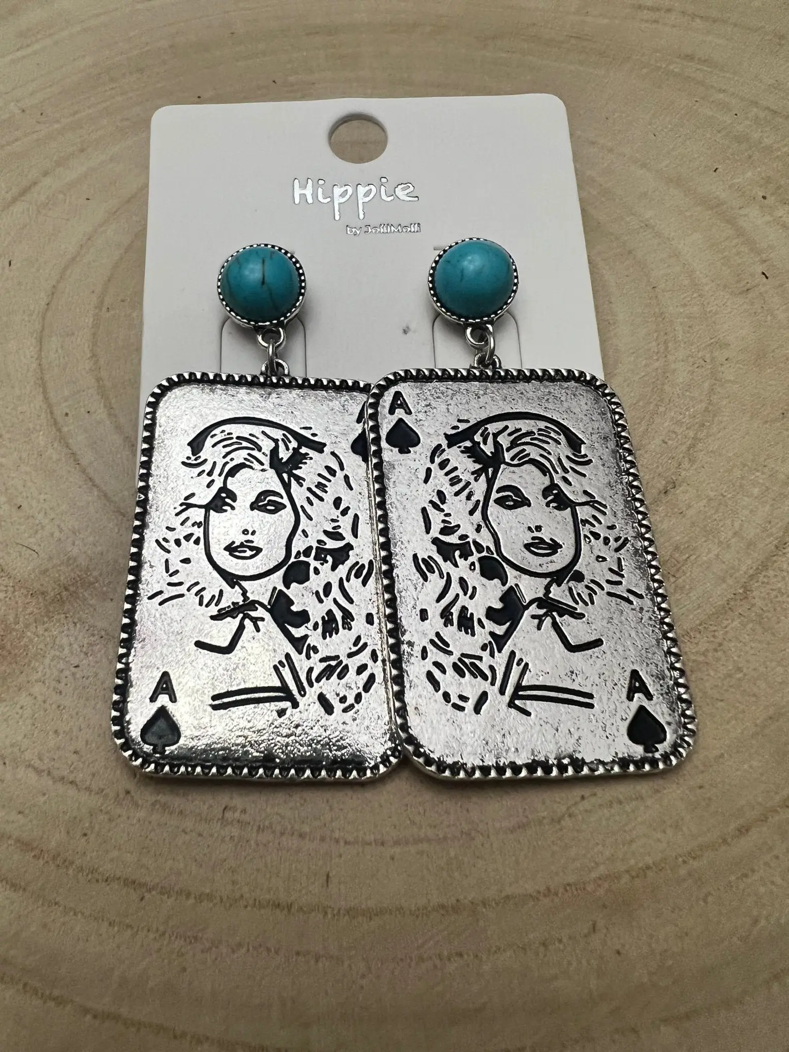 Dolly Card Theme Western Dangle Earrings with Faux Turquoise Stone — 2½" Drop