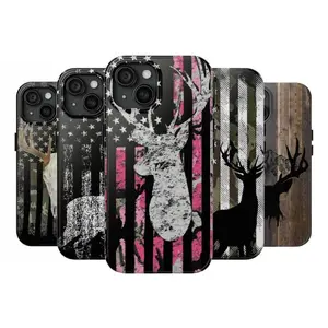 Deer Antler American Flag Phone Case for iPhone – Rustic Camo Style Cover – Cool Gift for Him, Outdoor, Hunting, or Streetwear Fans
