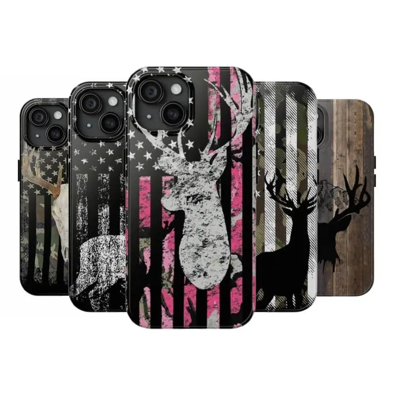 Deer Antler American Flag Phone Case for iPhone – Rustic Camo Style Cover – Cool Gift for Him, Outdoor, Hunting, or Streetwear Fans