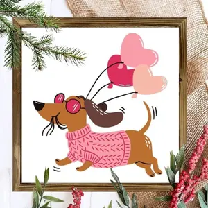 2D Prints 1pc Wood Frame Wooden Wall Sign Valentine's Day Theme,heart-shaped Balloons and Dachshund with Glasses,8x8in Prints Print Painting for Living Room Bedroom Office Bathroom Dorm Home Decor
