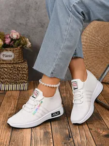 Women's Breathable Knit Lace-Up Sneakers - Lightweight Casual Walking Shoes with Rainbow "2026 FASHION" Letter Print for Daily Commute, Outdoor Walks and Casual Streetwear