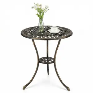 23" Cast Aluminum Patio Bistro Table with Umbrella Hole, Outdoor Round Coffee Bistro Side Table, Anti-Rust Outdoor Furniture for Backyard, Garden, Porch, Pool, Balcony, Bronze