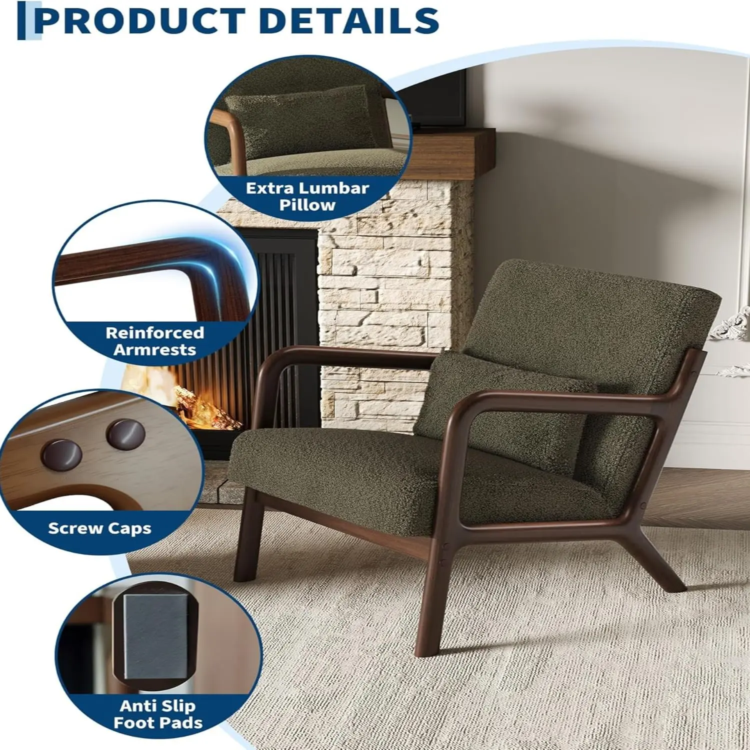 Garvee Mid-Century Modern Accent Chair – Durable Wood Frame Armchair, Soft Corduroy or Chenille Upholstery, Removable Lumbar Pillow, Comfortable Lounge & Reading Chair – Living Room, Bedroom, Office – Brown or Beige