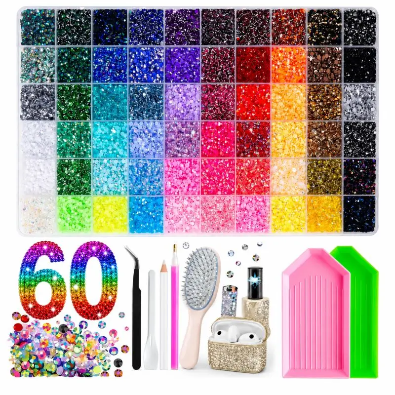 1-Box 60-Color 3 mm Trendy Nail-Bedazzling Rhinestones Kit, AB Iridescent Crystal Rhinestones, Semi-Circular Flat-Back Resin Diamond Decorations for DIY Nails, Birthday and Holiday Ornaments, Nail Art Supplies