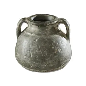 Antiqued Distressed Small Olive Cement Vase with Handles