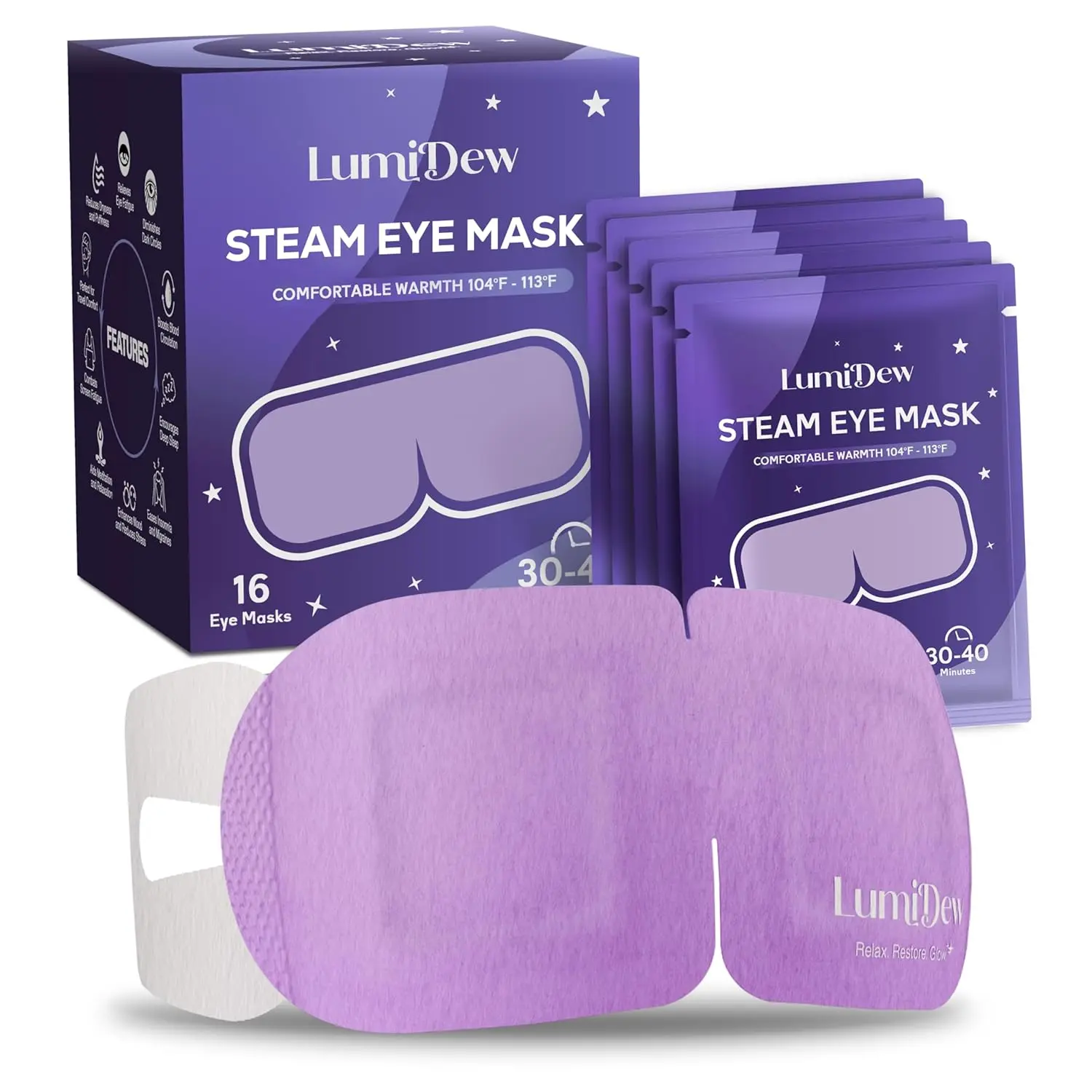 LumiDew Steam Eye Mask, Self-Heating Eye Mask for Sleep, Warm Compress for Eyes, Moist Heat for Dry Eye Relief, Stye Eye Treatment, Spa, Travel Essentials, Unscented 16 Pack