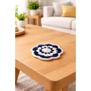 Navy and Beige Crochet Coaster – Handmade Coffee Mug Mat – Cottagecore Kitchen Decor – Farmhouse Table Decor – Coastal Home Gift