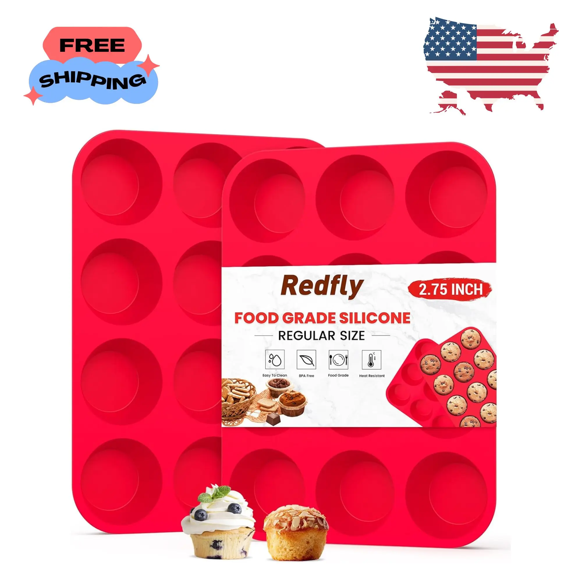 2 Pack Silicone Muffin Pans for Baking & Cupcake Pan - 12 Cup