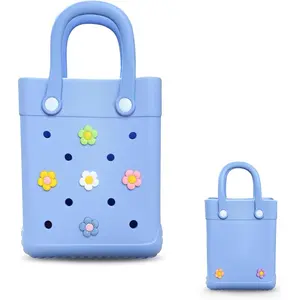 Mini Rubber Tote Bag,Waterproof Beach Bag with 7 Charms, Cute Rubber Beach Bag, Small Charms Beach Tote for Girls