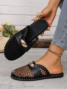 Ladies' summer breathable mesh flat slippers, comfortable and lightweight round toe sandals, fashionable leopard print color suitable for holidays and daily wear Women Leopard Pattern Slides