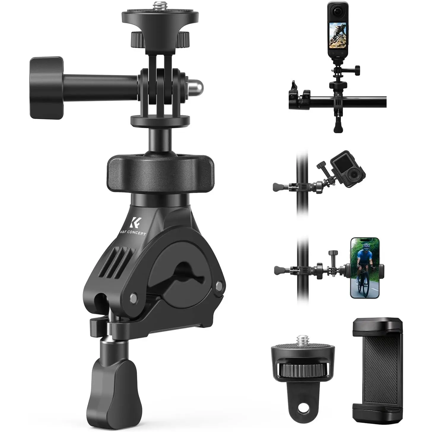 K&F CONCEPT Bike Motorcycle Handlebar Mount with 360° Ball Head 1/4" Screw Compatible with DJI Action 5 Pro 4/3 GoPro Max Hero 13 12 11 10 9 8 7 6 5 Insta360 X5 Ace Pro 2 DJI Osmo Pocket 3