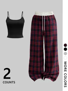 Women's Two-Piece Set, Striped Plaid Crop Top Tank Top & Long Pants, Streetwear Hip Hop Dance Motorbike Style, Casual Fashion