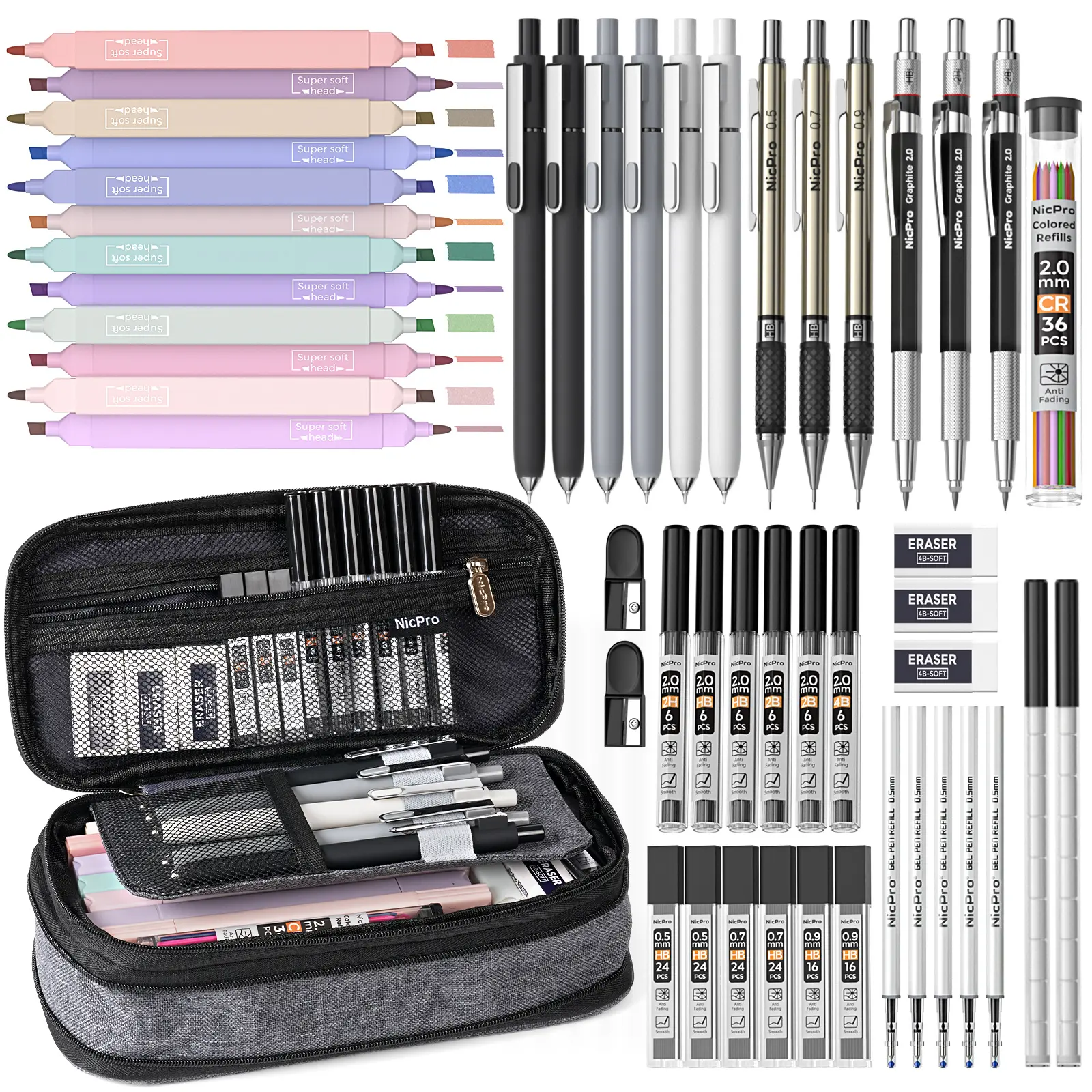 Nicpro 50 PCS Office Stationery Set with Pencil Case - Classroom Supplies, Back to School Shopping Pick, College & School Essentials, 6 Gel Pens & Refills, 12 Highlighters, 6 Art Mechanical Pencils, 12 Tube Lead Refills for Students, Office Use