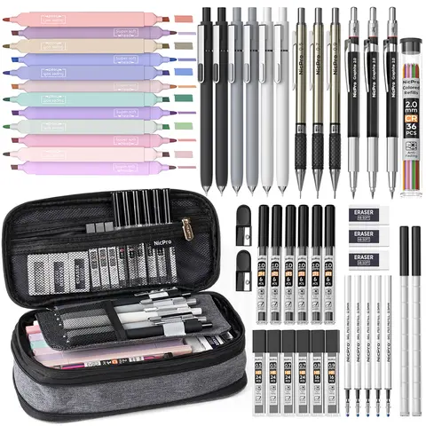 Nicpro 50 PCS Comprehensive Office Stationery Kit - School & Classroom Supplies, Learning Tool, Drawing Supplies Kit with 6 Gel Pens & Refills, 12 Highlighters, 6 Art Mechanical Pencils (0.5-2.0mm Tips), 200 Lead Refills for Students