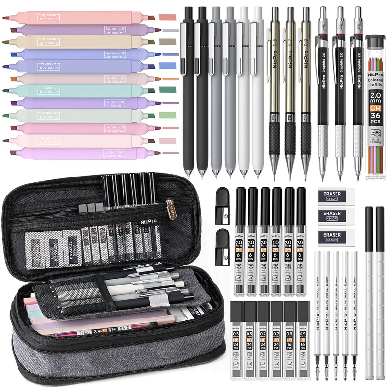 Nicpro 50 PCS Comprehensive Office Stationery Kit - School & Classroom Supplies, Learning Tool, Drawing Supplies Kit with 6 Gel Pens & Refills, 12 Highlighters, 6 Art Mechanical Pencils (0.5-2.0mm Tips), 200 Lead Refills for Students