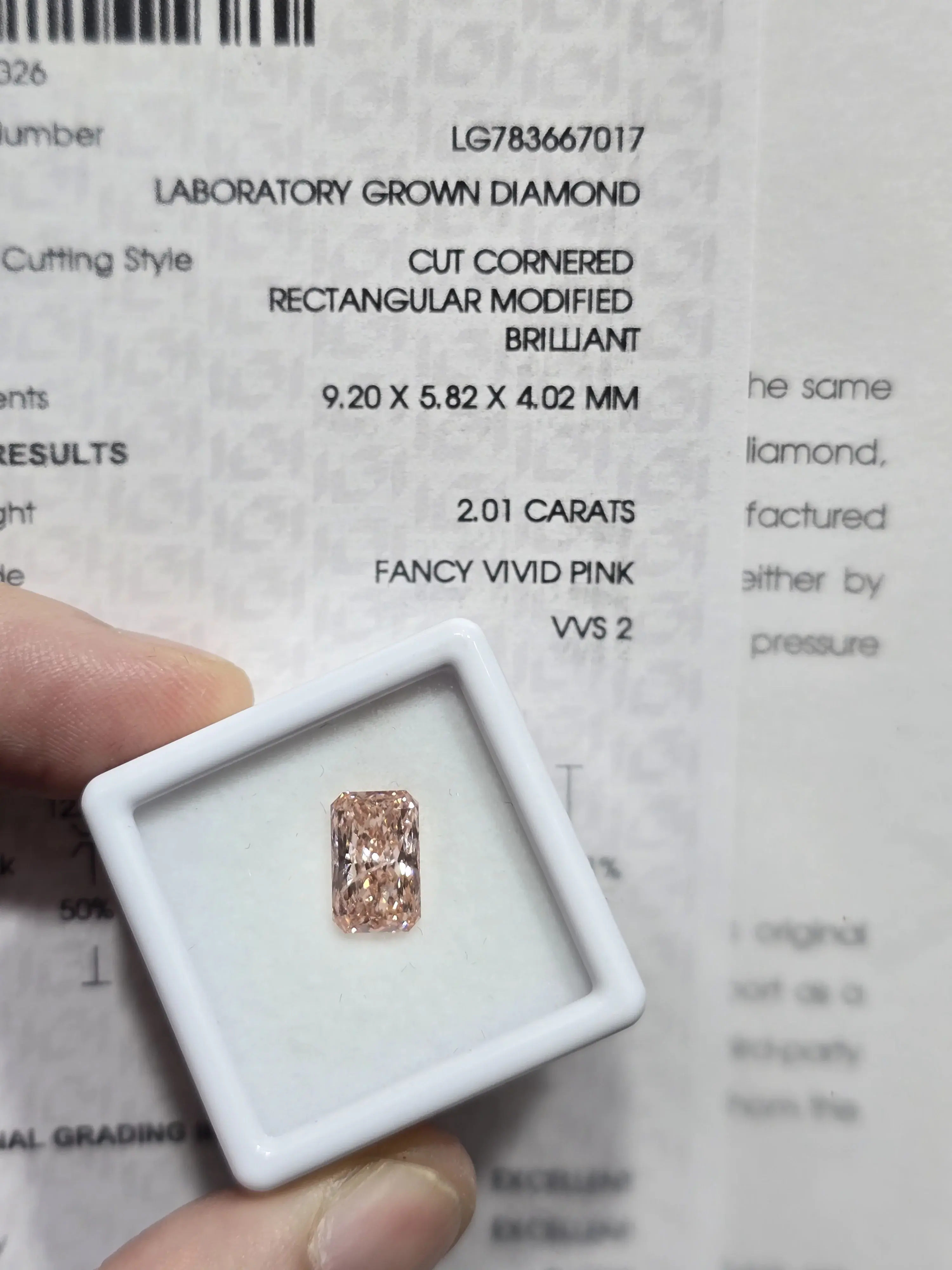 2.01ct Cut Cornered Rectangular Modified Brilliant Lab Grown Diamond (Fancy Vivid Pink, VVS2, IGI Certified)