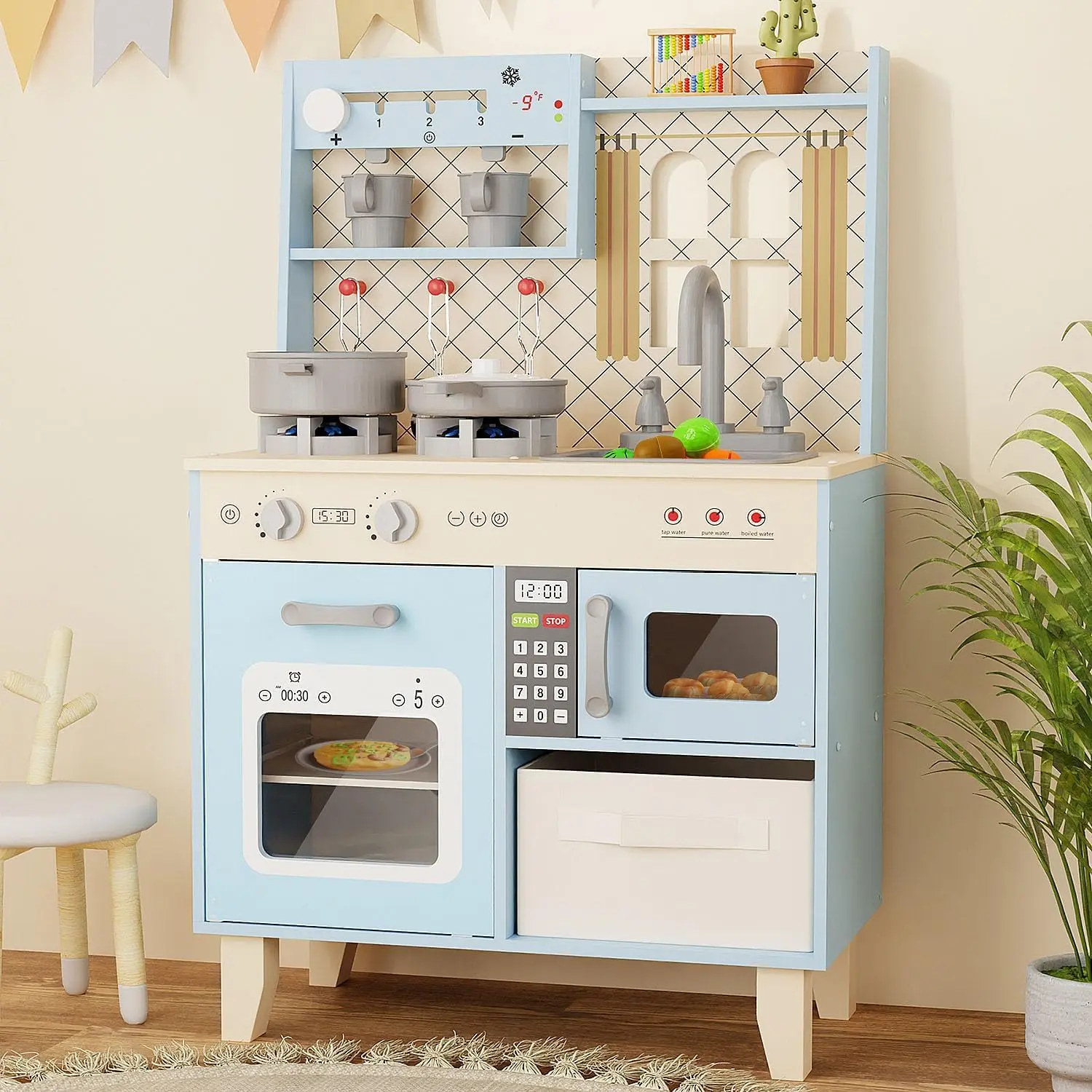 BIERUM Ultimate Certified Wood Play Kitchen - Compact Assembled Unisex 3+ Kids Toys Gift Set, 21.8x11.6in, 11.6in Deep, Double Oven, Realistic Lights & Sounds, 26-Piece Accessories (24 Toy Food) for Cooking Roleplay