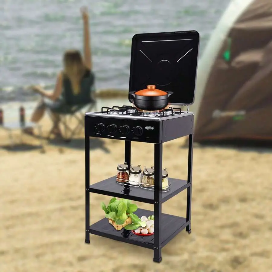 Heavy-Duty 5-Burner Gas Stove, Portable Stainless Steel Cooker with 2-Tier Storage Rack and Stand, Square Frame for Outdoor Cooking, 49x49x79cm