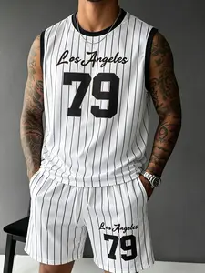 Men's 2-Piece Workout Set Los Angeles 79 Stripe Basketball Jersey, Y2K Street Retro Sport Style, Loose Sleeveless Vest + Shorts, Summer Fitness Wear Sports Apparel