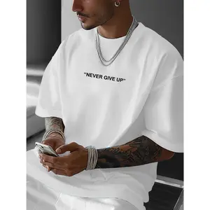 Menswear Top Unisex 200g 100% Cotton "Never Give Up" Graphic T-Shirt, White Crew Neck Short Sleeve, Loose Fit Summer Tee with Smooth Texture, Machine Washable Casual Fabric Breathable Classic Jeans Minimalist Motivation Streetwear Tshirt Crewneck