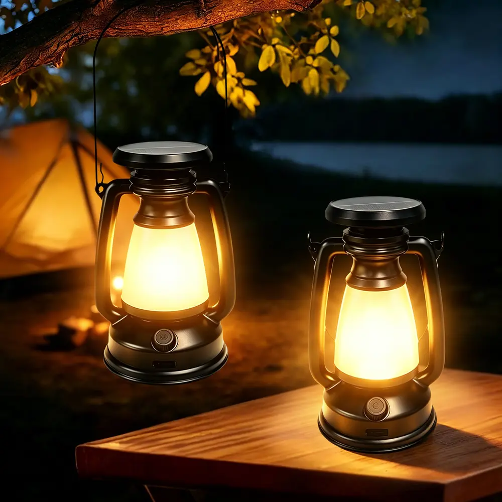 Solar Camping Lantern Rechargeable, Vintage Portable LED Camping Light with Type-C Charging Stepless Dimming, Waterproof Warm Tent Lantern for Outdoor Camping Hiking Emergency Power Outage Garden Patio Yard Night Ambient Lighting
