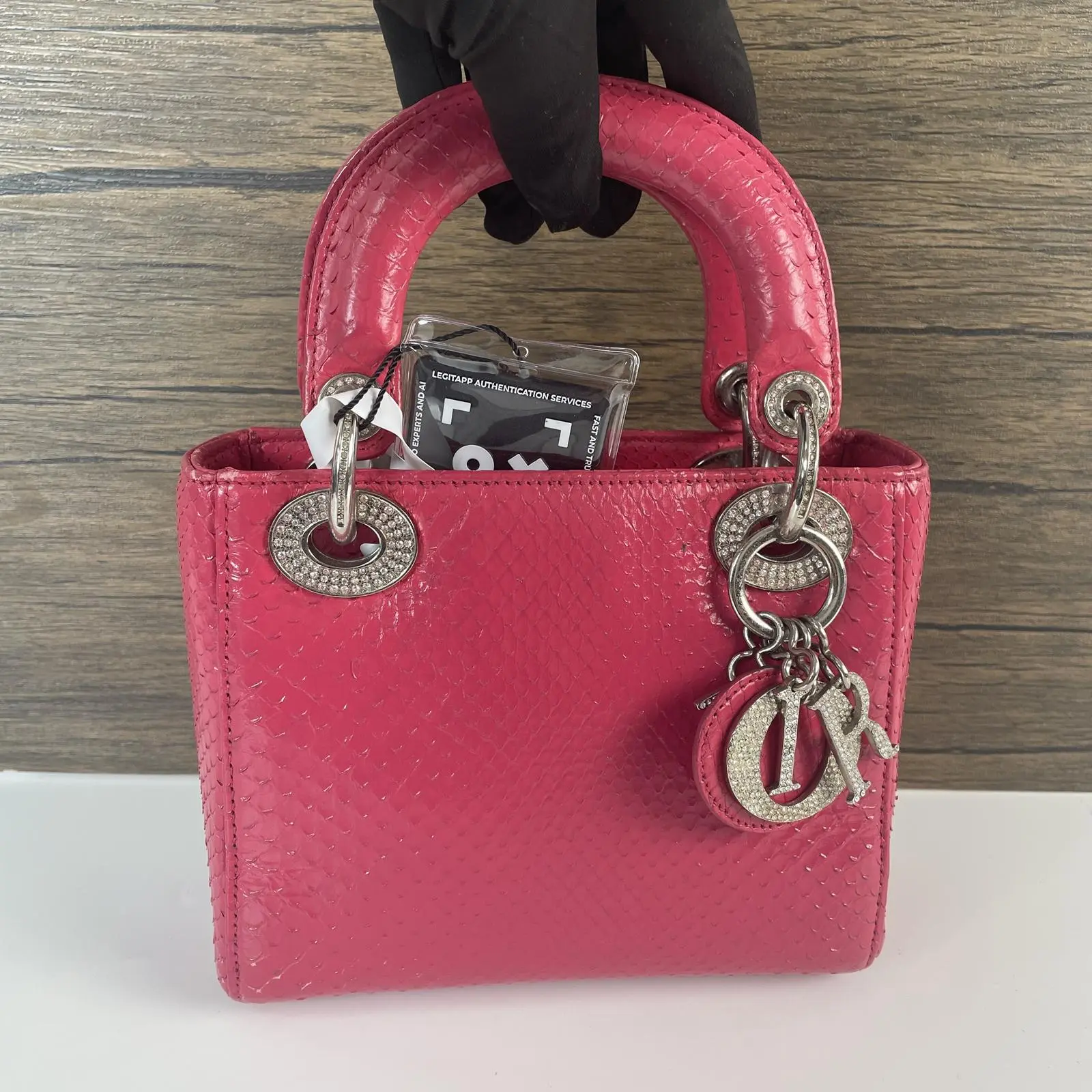 Pre-owned Dior leather Tote bags Lady Mini Handbag (Fuchsia Crystal‑Embellished Silver‑Tone Hardware)Full‑bag recoloring in the original shade+charm++