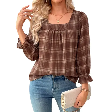 EVALESS Women's Boho Blouses - 3/4 Sleeve Square Neck Flowy Graphic Shirt, Retro Vintage Floral Print, Dressy Casual Fall Teacher Outfit, Cold Wash Work Top