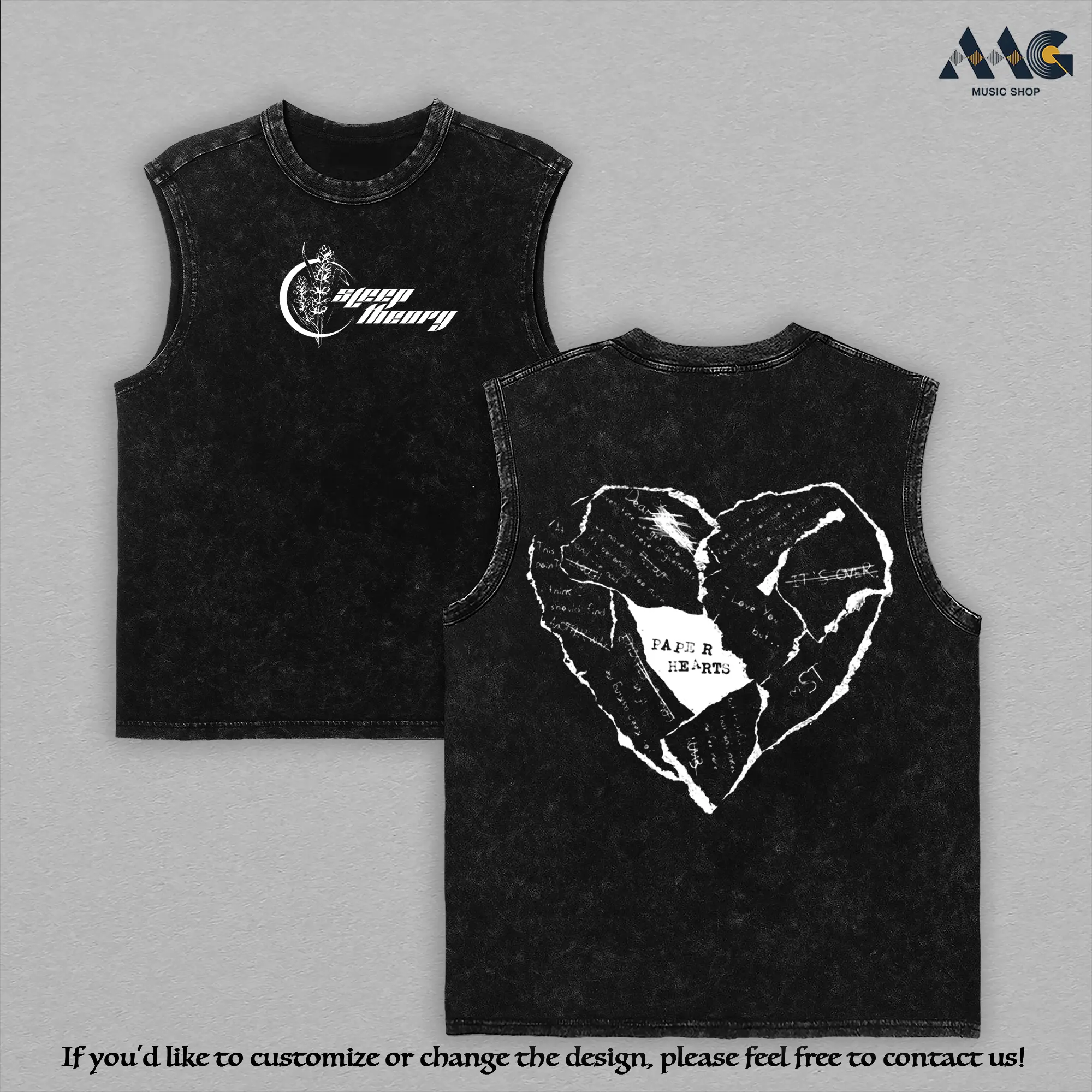 Sleep Theory Paper Hearts Heavy Cotton Sleeveless Tank Top, Sleep Theory Band Concert Merch Alt Metal Rock, Sleeveless Washed Graphic Vest Men, Y2K Gothic Broken Heart Casual Streetwear Apparel, Vintage Washed Heavyweight Tank Top