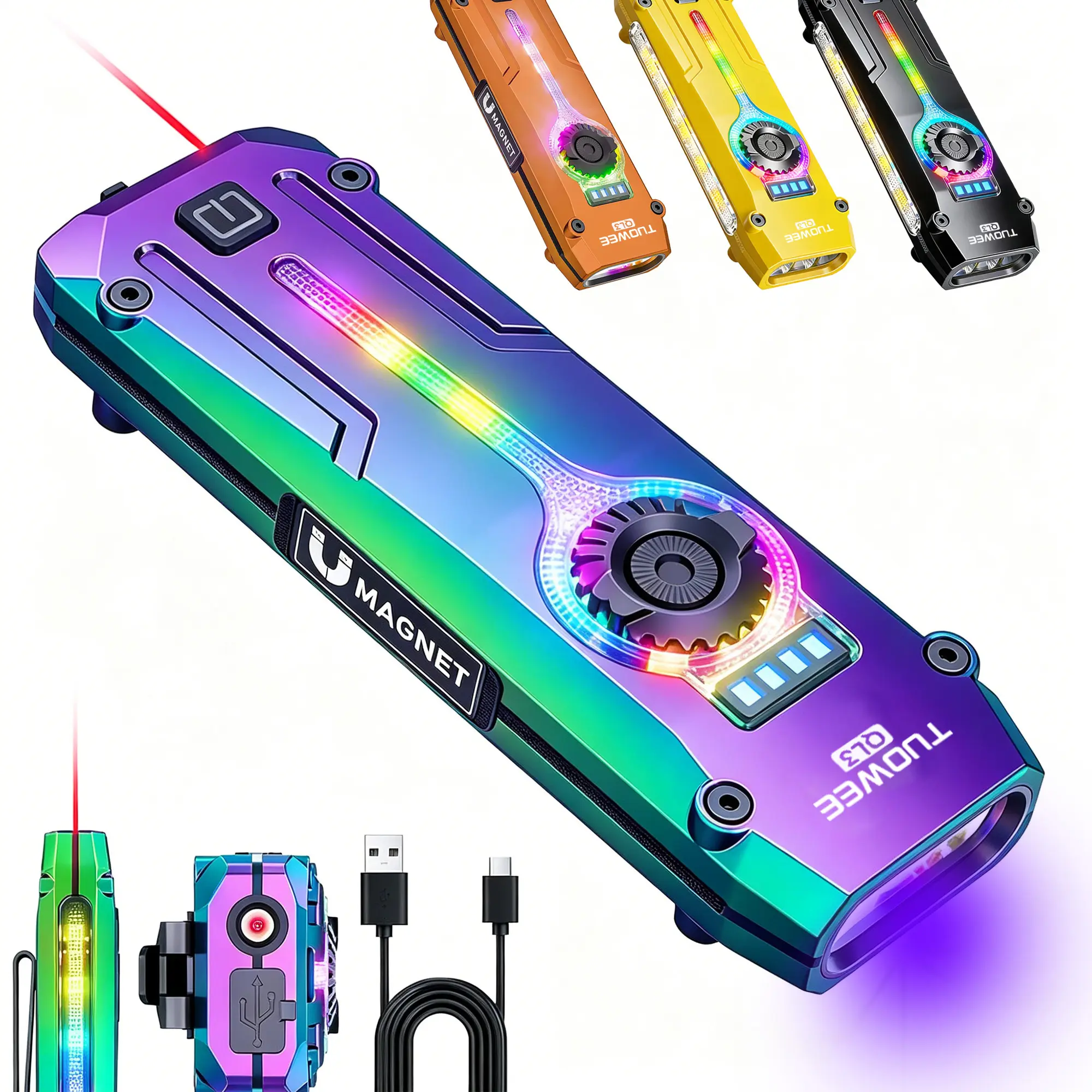 QL3 7-In-1 Multifunctional Rechargeable Flashlight, 1200LM Bright LED Tactical Flashlight with UV Detection, Laser Pointer, RGB Ambient Light, Magnetic Base, Stepless Dimming, Type-C Charging, EDC Flashlight for Camping, Hiking, Emergency