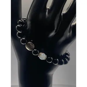 Pisces Zodiac black obsidian with opalite elastic beaded bracelet with silver accents