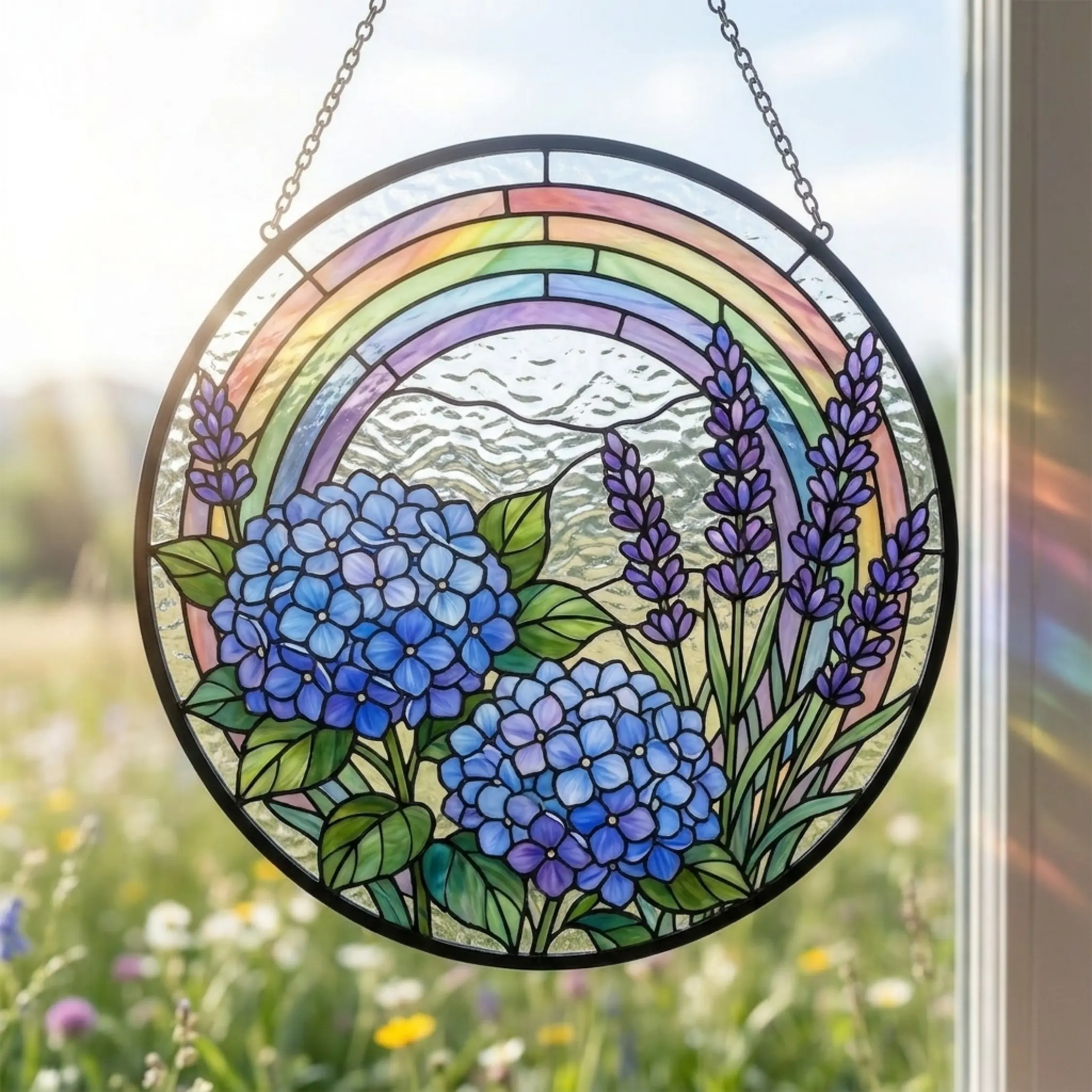Rainbow Hydrangea & Lavender Stained Glass Suncatcher Window Hanging, Floral Garden Sun Catcher Panel, Round Glass Home Decor, Spring Mother's Day Gift
