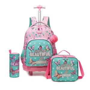 Rolling Backpack for Girls Kids Butterfly Trolley Suitcases Luggage with Wheels Bookbag Wheeled 3pcs Lunch Box Pencil Case for Preschool Elementary Teenagers Pink Age 8-12