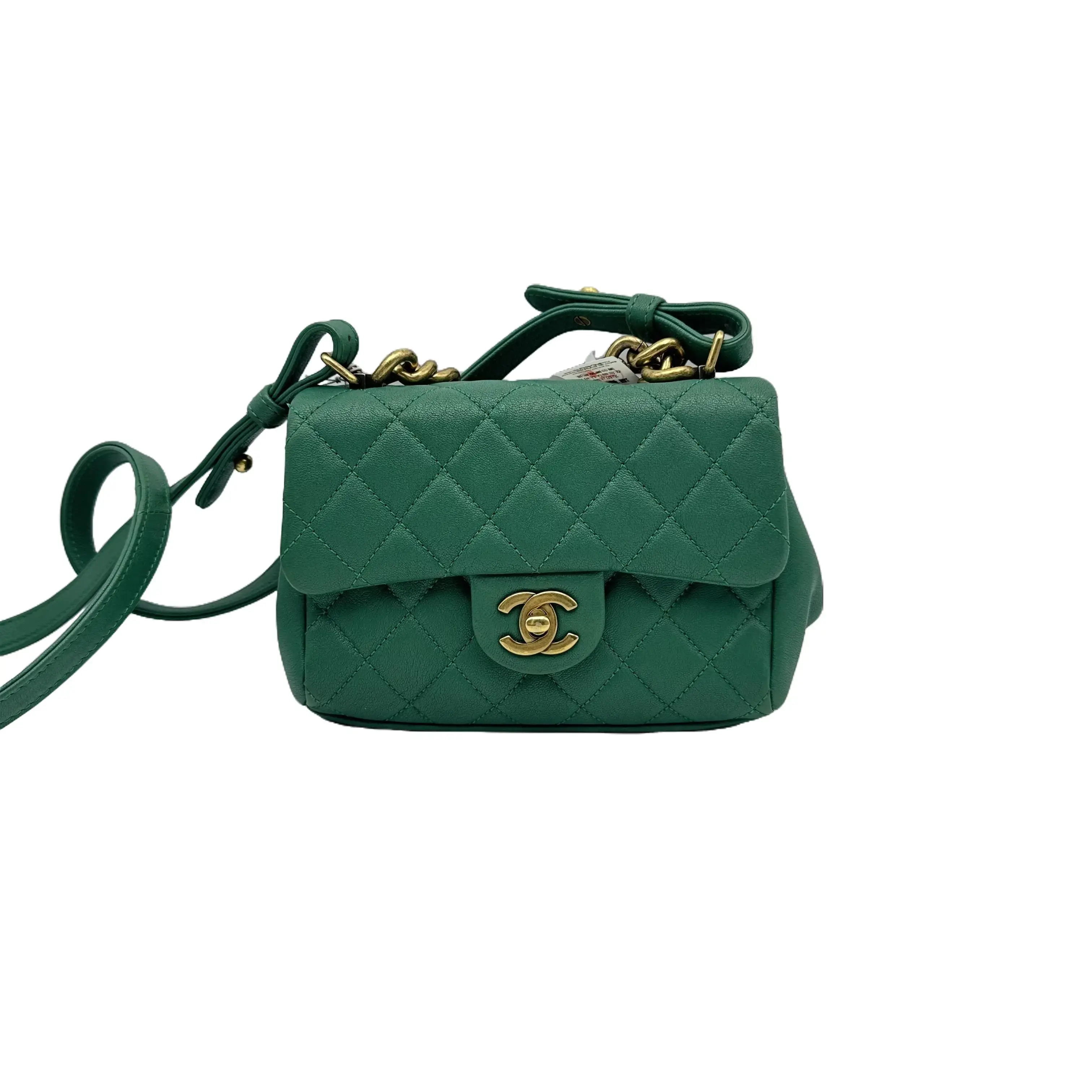 Pre-owned CHANEL HZ7 Mini Trapezio Flap, green with gold tone hardware. 70934