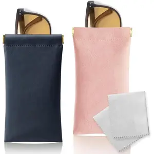 Soft Sunglass Case 2 Pack - Portable Squeeze Top Eyeglass Case with Cotton Lined Pouch & Glasses Cloths for Easy Access