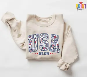 [Sale off up to 50%] Floral USA Sweatshirt, Fourth of July Shirt Women, USA Est 1776 Sweatshirt, Retro America Sweater, Patriotic, Memorial Day Gift, streetwear graphic tee