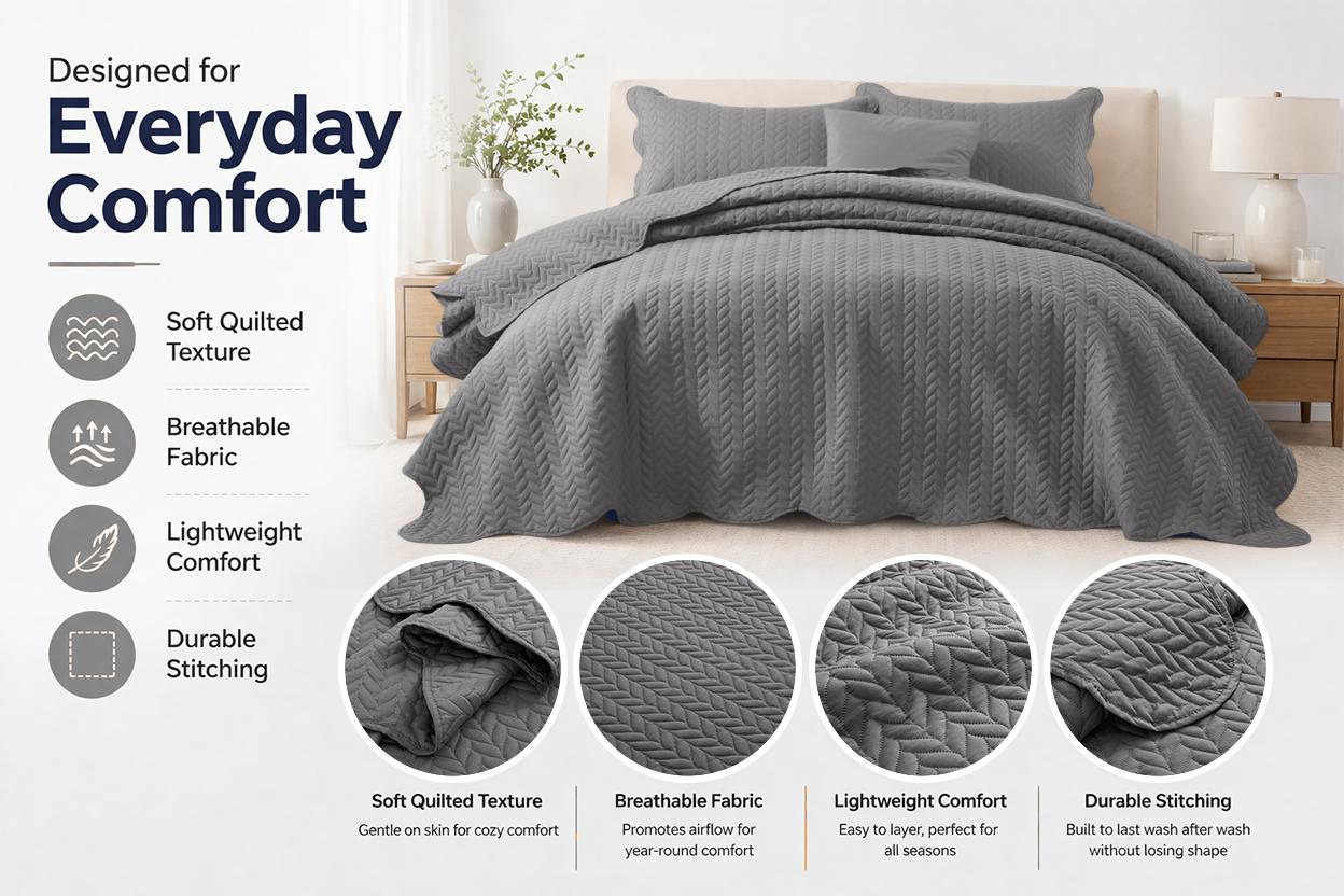 Soft & Breathable 3-Piece Quilted Bedspread – Leaf /  Floral Designs, Skin-Friendly Microfiber, Lightweight Year-Round Bedding – Available in (Twin – 1 Pillow Sham), Queen, King and California King sizes