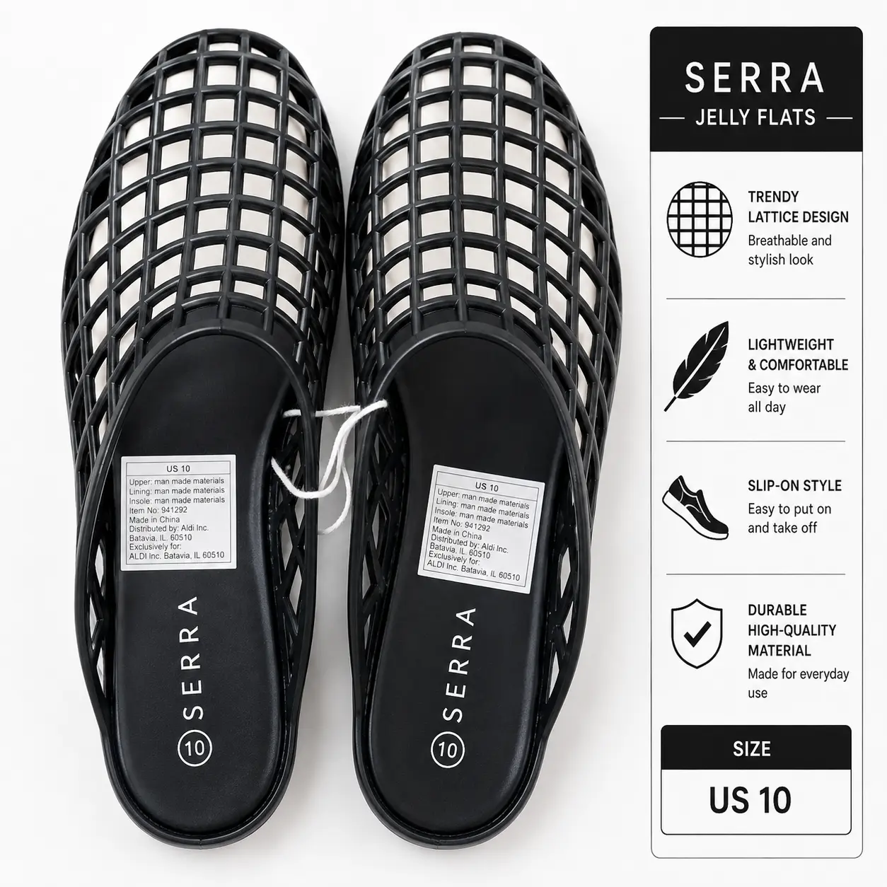 SERRA Women’s Black Jelly Flats, Lattice Slip-On Shoes, US 10