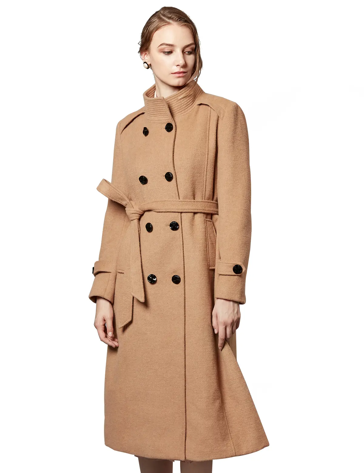 Women's Elegant Fitted Shearling Wool Camel Trench Coat - Winter Double-Breasted High Neck Long Sleeve Belted Buttoned Feminine Jacket, Camping Essentials Abrigos