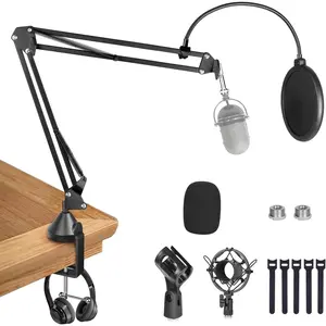 Mic Arm Stand for Recording,Podcasting,Adjustable Suspension Boom Scissor Arm Stand with Pop Filter,Shock Mount,Adapter-Upgraded Microphone Desk Stand for Blue Yeti,HyperX Quadcast and More