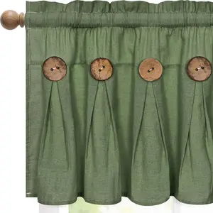Farmhouse Valance Curtains, Boho Cotton Linen Kitchen Valance, Olive Green Rustic Button Window Valances for Kitchen Bathroom, Rod Pocket Valances for Windows, 52 x 18 Inch