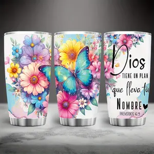 20 oz Spanish Christian Glass Cup with Bible Verse Proverbs 16:9 – Inspirational Travel Mug, Reusable Metal Coffee Cup with Vibrant Floral Design, Perfect Religious Gift for Women, Christmas or Birthday Gift, Motivational Drinkware | Butterfly Pattern | D