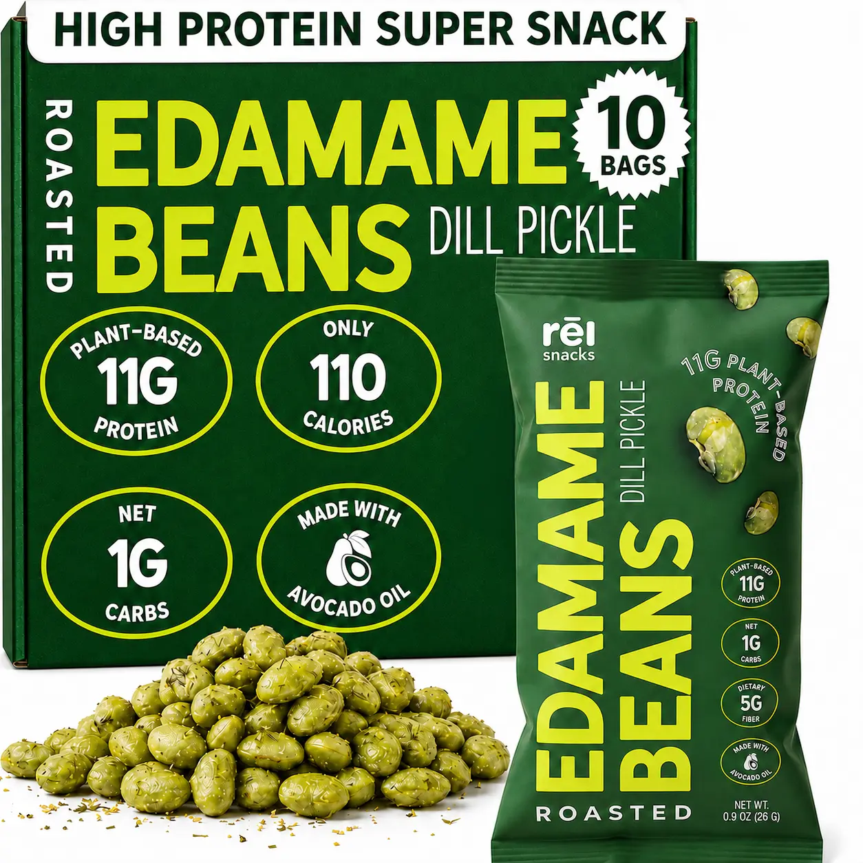 Rel Snacks Dill Pickle Crunchy Roasted Edamame Beans 0.9OZ 10 Pack Protein Fiber High Protein Low Carb Keto Friendly Snack