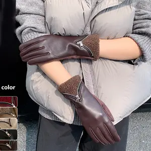 Zipper design sense lambswool PU leather gloves for women winter warmth motorcycle riding touchscreen split finger gloves tide