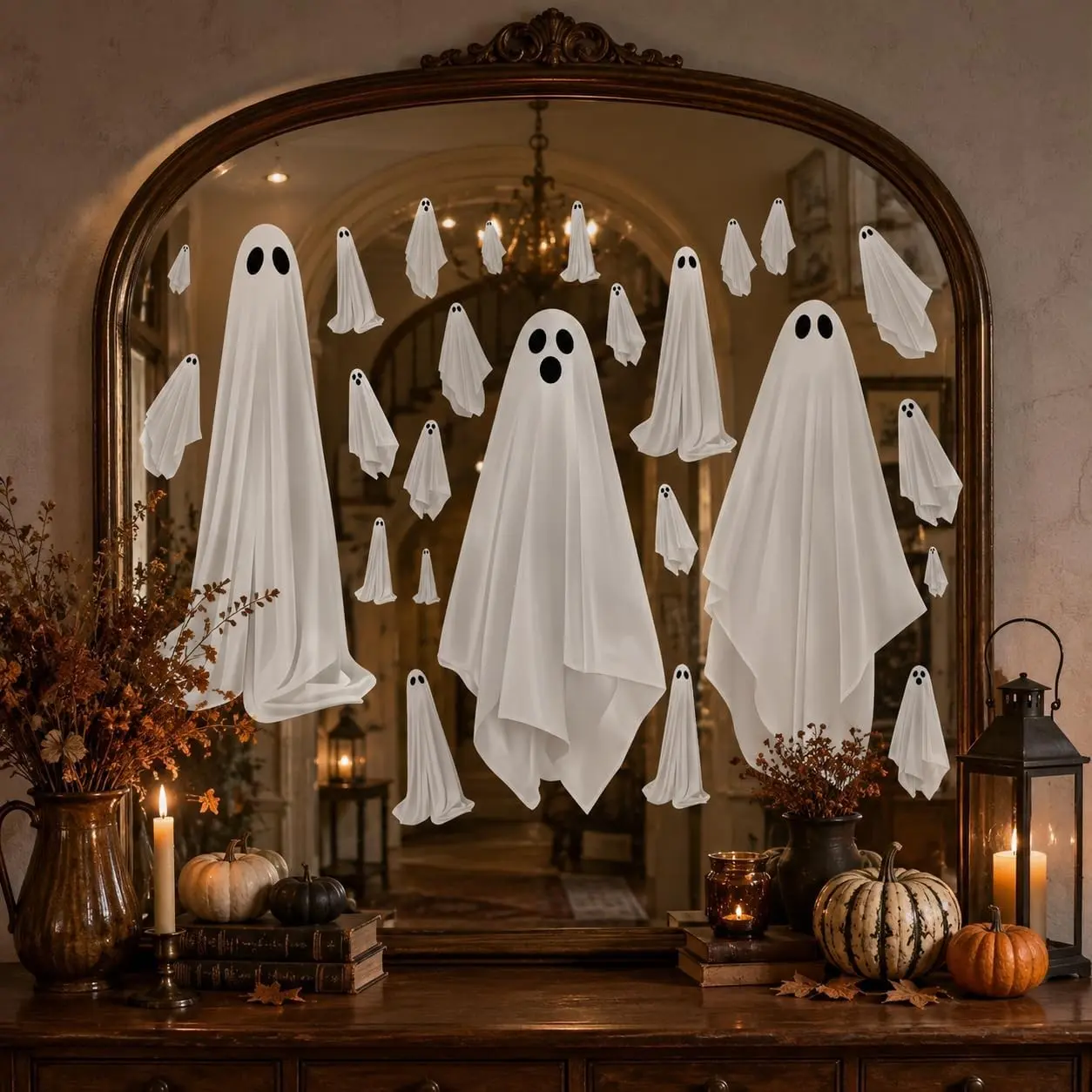 Halloween White Ghost Window Mirror Clings Decal Decorations Large 35.5'' | 25.6'' Large Ghost, Static/Double Sided/Reusable, Spooky Halloween Window Decoration for Glass Mirror Fridge Office School