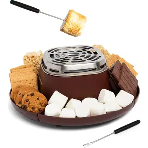 Tabletop Indoor Electric S'mores Maker - Smores Kit With Marshmallow Roasting Sticks and 4 Trays for Graham Crackers, Chocolate, and Marshmallows - Movie Night Supplies - Brown