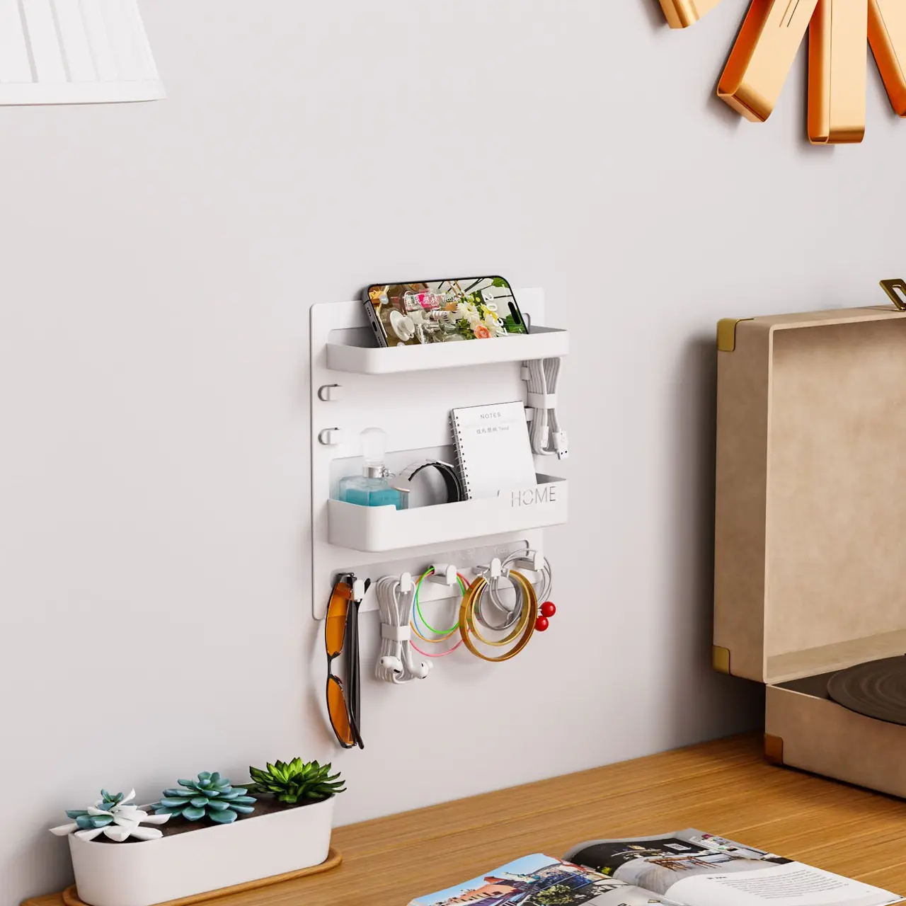 Wall-Mounted Storage Rack with Hooks, Home Organizer Hook, Boho Style Bedside Table, Durable Plastic Wall Organizer for Dorms, Rvs, Bedrooms, Modern Floating Shelf, Decor