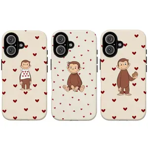 FL-Curious Georgeee Red Heart Phone Case,Cute Cartoon Monkey Phone Case,Retro Cartoon Monkey with Red Hearts Protective Cover For iPhone 11 12 13 14 15 16 17 Air Pro Max for Samsung S26 S25 S24 S23 S22 S21 Case,Gift for her/him