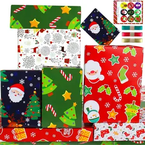 Christmas Wrapping Paper Sheets   Wrapping Paper XMAS  Wrap Paper Set with Sticker Ribbon with Red Green  Tree Santa Design for Present,Christmas Paper Wrap for   Boys Girls  (6 Sheets, 28"Lx20"W per Sheet)